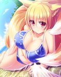  animal_ears beach bikini blonde_hair blue_bikini blue_sky breasts cloud collarbone day fox_ears fox_tail highres large_breasts liya looking_at_viewer lying multiple_tails on_side outdoors partially_submerged red_eyes sky solo swimsuit tail touhou water yakumo_ran 