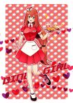  1girl absurdres blush border breasts brown_hair food french_fries full_body glass green_eyes hat highres holding holding_tray iris_(mega_man) large_breasts long_hair mega_man_(series) mega_man_x_(series) red_background red_hat red_shirt red_skirt rikka_(user_hruv2435) shirt simple_background skirt solo tray white_border 