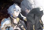  2boys antenna_hair arm_ribbon armor artist_name back black_choker black_coat black_gloves blue_eyes brown_background caelus_(honkai:_star_rail) choker coat collarbone commentary_request crying crying_with_eyes_open fingerless_gloves fingernails gloves grey_hair hair_between_eyes hand_on_another&#039;s_face hand_up highres honkai:_star_rail honkai_(series) hood hooded_coat jacket leonrui long_sleeves looking_at_another male_focus multiple_boys phainon_(honkai:_star_rail) ribbon short_hair shoulder_armor sun_symbol tears teeth trailblazer_(honkai:_star_rail) two-tone_background white_background white_jacket yaoi yellow_pupils 