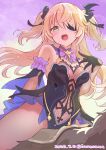  1girl absurdres animal black_gloves blonde_hair breasts dated eyepatch fischl_(genshin_impact) genshin_impact gloves green_eyes highres horse horseback_riding icorasama long_hair looking_at_viewer medium_breasts open_mouth riding solo twitter_username two_side_up 