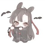  1boy :3 ahoge animal_ears bird black_bird black_boots black_coat black_hair black_hanfu boots brown_eyes brown_hair chibi chibi_only chinese_clothes closed_mouth coat dizi flute flute_tassel full_body hair_down hair_ribbon half_updo hanfu highres holding holding_flute holding_instrument instrument kemonomimi_mode long_hair long_sleeves looking_at_viewer male_focus modao_zushi music official_alternate_costume official_alternate_hairstyle ojisan_rbt open_clothes open_coat parted_bangs playing_flute playing_instrument rabbit_boy rabbit_ears rabbit_tail red_ribbon red_sash ribbon robe sash sidelocks simple_background smile solo tail tassel transverse_flute twitter_username wei_wuxian wei_wuxian_(yiling_laozu) white_background wide_sleeves 