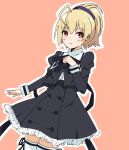  1girl :&lt; absurdres ahoge ando_tazusa arm_at_side assault_lily black_ribbon black_skirt blonde_hair blush bright_pupils buttons closed_mouth commentary_request cowboy_shot cropped_jacket frilled_skirt frills hair_between_eyes hair_ribbon hand_up high-waist_skirt high_ponytail highres juliet_sleeves leg_ribbon long_sleeves looking_at_viewer miniskirt neck_ribbon orange_background outline ponytail puffy_sleeves purple_ribbon red_eyes ribbon school_uniform shirt short_hair simple_background skirt solo standing thigh_ribbon two-tone_ribbon v-shaped_eyebrows white_outline white_pupils white_shirt yurigaoka_girls_academy_school_uniform yuzuki_suzuha zettai_ryouiki 