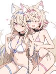  2girls ;d absurdres animal_ears bikini blonde_hair blue_eyes blue_hair breasts commentary dog_ears dog_girl dog_tail fuwawa_abyssgard highres hololive hololive_english large_breasts long_hair looking_at_viewer mococo_abyssgard multicolored_hair multiple_girls navel one_eye_closed open_mouth pink_eyes pink_hair short_hair siblings simple_background sisters small_breasts smile striped_bikini striped_clothes suoniko swimsuit tail two-tone_hair virtual_youtuber white_background white_bikini 