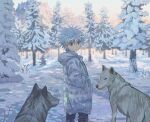  1boy alternate_costume animal black_pants closed_mouth coat commentary day goodkids_1 hand_in_pocket hood hood_down hooded_coat hunter_x_hunter killua_zoldyck long_sleeves looking_at_viewer looking_back male_focus outdoors pants snow spiked_hair standing symbol-only_commentary tree twitter_username winter wolf 