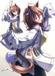  1girl agnes_tachyon_(umamusume) ahoge animal_ears arm_up black_pantyhose blue_necktie brown_hair brown_tail buttons cowboy_shot earrings expressive_hair hair_between_eyes highres horse_ears horse_girl horse_tail jewelry lab_coat looking_at_viewer looking_back medium_hair messy_hair multiple_views necktie okusan4645 open_mouth pantyhose partially_unzipped pouring red_eyes short_necktie sidelocks simple_background single_earring sleeves_past_fingers sleeves_past_wrists sweatdrop sweater_vest tail test_tube tongue tongue_out umamusume very_long_sleeves white_background wide_sleeves yellow_sweater_vest zipper zipper_pull_tab 