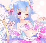  1girl ahoge bare_shoulders blue_eyes emil_chronicle_online frilled_skirt frilled_sleeves frills hair_ornament harp holding holding_microphone horns instrument kurosaki_yomi long_hair lorelei_lore mermaid microphone monster_girl navel one_eye_closed open_mouth pink_ribbon purple_eyes ribbon skirt 