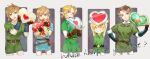  5boys ^_^ arms_up belt belt_buckle black_belt black_gloves blue_eyes blue_tunic blush brown_belt brown_gloves brown_hair buckle closed_eyes closed_mouth collared_tunic commentary covered_mouth cropped_legs curtained_hair english_commentary english_text fingerless_gloves gloves green_tunic grin hair_intakes hand_on_own_hip heart heart_container highres holding layered_sleeves link long_pointy_ears long_sleeves looking_at_viewer looking_to_the_side male_focus multiple_belts multiple_boys natsuyon open_mouth pants parted_bangs pointy_ears ponytail shirt short_over_long_sleeves short_ponytail short_sleeves sideways_glance smile teeth the_legend_of_zelda the_legend_of_zelda:_breath_of_the_wild the_legend_of_zelda:_ocarina_of_time the_legend_of_zelda:_skyward_sword the_legend_of_zelda:_the_wind_waker the_legend_of_zelda:_twilight_princess toon_link tunic upper_teeth_only white_pants white_shirt 