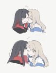  2girls absurdres azusawa_kohane black_hair blonde_hair blue_hair brown_eyes closed_eyes colored_inner_hair commentary grin hashtag-only_commentary heart highres kiss kissing_cheek long_hair m_(mmupk) multicolored_hair multiple_girls open_mouth project_sekai red_hair shiraishi_an simple_background smile whip_the_wimp_girl!!_(project_sekai) white_background yuri 