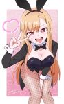  1girl absurdres animal_ear_hairband animal_ears artist_name between_legs black_bow black_bowtie black_jacket black_leotard blonde_hair border bow bowtie breasts cleavage dated detached_collar fake_animal_ears fishnet_pantyhose fishnets hairband hand_between_legs heart highres jacket kitagawa_marin leaning_forward leotard long_hair open_mouth outside_border pantyhose pink_background playboy_bunny rabbit_ear_hairband rabbit_ears red_eyes solo sono_bisque_doll_wa_koi_wo_suru teeth tsunemoku upper_teeth_only white_border 