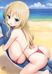  1girl ass beach bikini blonde_hair blush breast_press breasts cloud copyright_name green_eyes highres holding holding_stuffed_toy huge_breasts hugging_object kobayashi_ritz long_hair looking_at_viewer lying micro_bikini non-web_source oohoshi_awai open_mouth red_bikini riding saki_(manga) shark side-tie_bikini_bottom sitting skindentation sky smile stuffed_animal stuffed_shark stuffed_toy swimsuit t-back thong_bikini 
