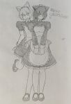  alternate_costume animal_ears apron black_dress cat_ears cat_girl catty_(bone_nigi) dated dress enmaided graphite_(medium) greyscale hatching_(texture) highres kurogai_(bone_nigi) looking_at_viewer maid maid_apron maid_headdress monochrome original pencil self-upload sergent_magnom short_hair signature sketch smile traditional_media tray white_apron 