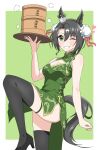  1girl ;) absurdres abyss_kpn_(ki) alternate_hairstyle animal_ears bare_shoulders black_hair black_thighhighs border breasts china_dress chinese_clothes cleavage cleavage_cutout clothing_cutout crown double_bun dress ear_ornament ear_through_crown green_background green_dress green_eyes hair_between_eyes hair_bun high_heels highres holding holding_tray horse_ears horse_girl leg_up looking_at_viewer medium_breasts mini_crown multicolored_hair one_eye_closed pelvic_curtain satono_crown_(umamusume) simple_background sleeveless sleeveless_dress smile solo streaked_hair thighhighs tray umamusume white_border white_hair 