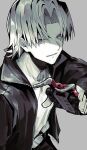  1boy absurdres andou_loid artist_name beard_stubble belt caesar_kaiser_emperor facial_hair grey_background greyscale highres holding holding_toy jacket jinzou_konchuu_kabutoborg_vxv kuroda_(kuro_yyy) looking_at_viewer male_focus monochrome open_clothes open_jacket pants parted_lips shirt short_hair signature simple_background smile solo spot_color stag_beetle standing stubble toy toy_car 