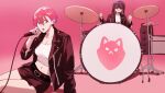  2girls absurdres amate_yuzuriha apt._(rose_&amp;_bruno_mars) black_jacket black_skirt blue_eyes drum drum_set drumsticks earrings gundam gundam_gquuuuuux highres holding holding_drumsticks holding_microphone instrument jacket jewelry long_hair looking_at_viewer microphone midriff miniskirt multiple_girls music nyaan_(gundam_gquuuuuux) open_mouth otakulifewow pink_background playing_drum purple_hair red_hair shirt short_hair singing skirt stud_earrings sunglasses white_shirt 