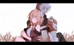  1boy 1girl armor back-to-back breasts closed_eyes coat cyrene_(honkai:_star_rail) dress hair_ornament hashtag-only_commentary highres honkai:_star_rail honkai_(series) letterboxed maroronegi medium_hair multicolored_hair outdoors pauldrons phainon_(honkai:_star_rail) pink_hair purple_coat short_hair shoulder_armor single_pauldron sitting small_breasts smile two-tone_hair wheat wheat_field white_coat white_dress white_hair 