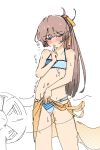  1girl absurdres bikini blue_eyes brown_hair clothes_lift commentary_request electric_fan fanning_crotch flat_chest highres kantai_collection kazagumo_(kancolle) kazagumo_(swimsuit)_(kancolle) long_hair navel orange_sarong ponytail sarong sarong_lift see-through_clothes see-through_sarong simple_background solo striped_bikini striped_clothes sweat swimsuit tsuru_(thunder_tsuru) white_background 