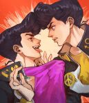  1boy 1other anchor_ornament anger_vein angry black_hair commentary_request diamond_wa_kudakenai earrings fang gakuran heart_ornament higashikata_josuke high_collar highres holding holding_shirt holding_unworn_clothes jewelry jojo_no_kimyou_na_bouken male_focus peace_symbol pen pink_shirt pompadour purple_eyes school_uniform shirt stand_(jojo) stud_earrings surface_(stand) teeth togusa_jj tongue tongue_out unworn_shirt yellow_shirt 