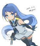  1girl absurdres adapted_turret bigkwl black_gloves black_neckerchief black_sailor_collar black_thighhighs blue_eyes blue_hair dated elbow_gloves feet_out_of_frame from_above gloves highres kantai_collection neckerchief one-hour_drawing_challenge sailor_collar samidare_(kancolle) school_uniform serafuku shirt simple_background skirt sleeveless sleeveless_shirt solo swept_bangs thighhighs twitter_username white_background white_shirt white_skirt 