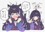  &gt;_&lt; 1girl ahoge animal_ear_fluff animal_ears black_collar black_hair black_shirt blunt_bangs braid breasts cat_ears cat_girl cat_tail chest_tattoo chibi cleavage clenched_hands closed_eyes collar collared_shirt commentary_request ear_piercing earrings fang gold_earrings hair_intakes hair_ornament hair_scrunchie hands_up jacket jewelry large_breasts linked_piercing long_hair long_sleeves looking_at_viewer meloco_kyoran meloco_kyoran_(1st_costume) multicolored_hair multiple_views necktie nijisanji nijisanji_en off_shoulder open_clothes open_jacket open_mouth outstretched_arm piercing pointing pointing_at_viewer purple_eyes purple_hair purple_jacket purple_necktie purple_scrunchie scrunchie sekka_(sekka1202) shirt side_braids simple_background skin_fang speech_bubble spiked_ear_piercing streaked_hair tail tattoo tears translation_request twin_braids upper_body very_long_hair virtual_youtuber white_background wrist_scrunchie 