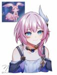  1girl blue_eyes breasts coat collarbone cropped_torso cyrene_(honkai:_star_rail) dress hair_ornament highres honkai:_star_rail honkai_(series) jewelry medium_hair mem_(honkai:_star_rail) multicolored_hair necklace om_rm1101 pink_hair purple_coat reference_inset screenshot_inset simple_background small_breasts smile solo twitter_username two-tone_hair white_background white_dress white_hair 