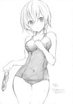  artist_name ass_visible_through_thighs breasts cleavage covered_navel cowboy_shot dated eyebrows eyebrows_visible_through_hair goggles graphite_(medium) greyscale hand_on_own_chest highres looking_at_viewer medium_breasts monochrome one-piece_swimsuit original ragho_no_erika scan school_swimsuit short_hair signature solo swimsuit thigh_gap traditional_media wet white_background 