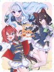  3girls :d aiguillette ange_katrina animal_ears animal_hair_ornament ankle_boots anniversary armband ayuko_ammobium blue_armband blue_cape blue_eyes blue_gloves blue_hair blue_shirt blue_skirt blush boots border braid brown_tail cape collared_shirt commentary_request confetti cup_hair_ornament dog_ears dog_girl dog_tail dot_nose earrings fangs frilled_skirt frills gloves gold_trim gradient_background group_name group_picture hair_between_eyes hair_intakes hair_ornament half_up_braid hand_on_own_chin hands_up heterochromia high_heel_boots high_heels highres idol_clothes inui_toko jewelry layered_shirt layered_skirt lize_helesta long_hair long_sleeves looking_at_viewer low_twin_braids medium_hair midriff_peek miniskirt multicolored_hair multiple_girls nijisanji nijisanji_idol_uniform one_eye_closed open_mouth outside_border outstretched_arms pink_background purple_eyes red_cape red_eyes red_hair salute sanbaka_(nijisanji) sebastian_piyodore shirt side_cape silver_tiara skin_fangs skirt sleeve_cuffs smile streaked_hair tail thigh_strap triangle_hair_ornament twin_braids two-finger_salute two-sided_cape two-sided_fabric two-tone_hair very_long_hair virtual_youtuber watermark white_border white_hair white_shirt white_skirt yellow_background yellow_eyes 