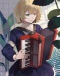  1girl 23el accordion blonde_hair blue_dress closed_mouth commentary_request cowboy_shot dress fingernails green_eyes highres indoors instrument music original plant playing_instrument short_hair signature solo 