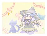  animal animal_ear_headwear ankh bastet_lore black_dress blue_hair blue_ribbon cat cat_girl cat_tail chibi dress emil_chronicle_online hair_ribbon holding holding_animal homurabi nun ribbon tail yellow_eyes 