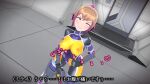  1girl 3d agent_mirai blender_(medium) blue_eyes blush bodysuit breasts brown_hair clenched_teeth covered_nipples dutch_angle gun handgun hexagon_print highres holding holding_gun holding_weapon impossible_bodysuit impossible_clothes indoors large_breasts latex latex_bodysuit looking_at_viewer looking_up mirai_(agent_mirai) multicolored_hair nipples ponytail rolling_eyes short_hair skin_tight solo standing teeth umaaji_lady_mk2 weapon 