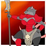 anthro armor big_breasts blackbetty breasts cleavage clothed clothing female fur hi_res mammal murid murine rat red_eyes rodent simple_background skaven smile solo tail teeth thick_thighs warhammer_(franchise) warhammer_fantasy weapon