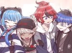  2boys 2girls amemiya_darumi baseball_cap black_bow black_choker black_gloves black_hair black_hat blue_hair bow chiyo408 choker closed_eyes commentary_request dark-skinned_female dark_skin eyepatch fingerless_gloves gloves grey_hair hair_bow hat hood hood_down hoodie japanese_clothes kashiwagi_tsubasa long_hair long_sleeves makeup multicolored_hair multiple_boys multiple_girls omokage_yugamu open_mouth pale_skin red_hair simple_background streaked_hair sumino_takumi the_hundred_line_-last_defense_academy- twintails white_hoodie 