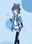  1girl asymmetrical_legwear bare_shoulders black_socks black_thighhighs chinese_commentary closed_mouth detached_sleeves food green_eyes grey_hair hair_ornament hair_rings highres holding holding_food long_hair luo_tianyi luo_tianyi_v3 pleated_skirt pointzhu short_hair_with_long_locks sidelocks simple_background single_sock single_thighhigh skirt socks solo standing steamed_bun thighhighs uneven_legwear vocaloid vsinger_(vocaloid) watermark weibo_username weibo_watermark 