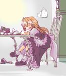  1girl apron arm_on_table arm_rest back_bow black_shoes black_skirt black_vest blonde_hair blush book book_stack bow chair clock closed_eyes commentary_request crossed_arms cup frilled_apron frilled_skirt frills from_side full_body indoors kirisame_marisa long_hair long_skirt neki-t note on_chair open_book puffy_short_sleeves puffy_sleeves shoes short_sleeves sitting skirt sleeping socks solo table teacup touhou vest waist_apron wall_clock white_apron white_socks 