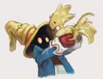  1boy animal arms_up bird blue_coat chocobo coat collared_coat cropped_torso final_fantasy final_fantasy_ix gloves grey_background hat holding holding_animal kebe6p looking_at_animal male_focus outstretched_arms popped_collar red_gloves simple_background sleeve_cuffs solo vivi_ornitier witch_hat yellow_eyes yellow_hat 