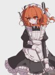  1girl a.i._voice adachi_rei alternate_costume apron black_dress bucket cowboy_shot dress enmaided frilled_apron frilled_dress frills gloves highres holding holding_bucket holding_mop long_sleeves maid maid_headdress mei_(meiday_mise) mop orange_eyes orange_hair simple_background solo standing utau white_apron white_background white_gloves 
