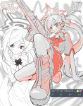  1girl blue_archive boots character_name closed_mouth flower gun hair_flower hair_ornament halo highres holding holding_gun holding_weapon long_hair monochrome multiple_views mutsuki_(blue_archive) on_one_knee poin_(goruchopame) screenshot_inset short_sleeves side_ponytail simple_background skirt spot_color twitter_username very_long_hair weapon 