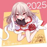  1girl 2025 alcohol chinese_zodiac cup elena_trafalgar flat_chest grey_hair happy_new_year highres holding ikune_juugo long_hair looking_at_viewer original red_eyes sakazuki sake snake socks solo tongue tongue_out white_socks year_of_the_snake 