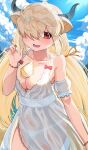  1girl alternate_costume bare_shoulders bikini blush bracelet brown_eyes cowboy_shot detached_sleeves dress extra_ears hair_over_one_eye highres jewelry kedama_(ughugjydthjdf) kemono_friends long_hair looking_at_viewer nail_polish open_mouth ox_ears ox_girl ox_horns red_nails seashell shell sidelocks smile solo spaghetti_strap swimsuit twintails white_bikini white_dress white_hair yak_(kemono_friends) 