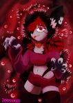 absurd_res anthro arm_warmers armwear bell bell_collar black_hair black_nails black_tail bottomwear clothing collar colored_nails crop_top ear_piercing felid feline femboy fluffy_shoulders hair hi_res hotpants just_dryvern legwear long_sleeves male mammal nails one_eye_obstructed piercing red_eyes red_hair red_lighting shirt shorts solo tail thigh_highs tongue tongue_out topwear white_body