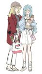  2girls bag baguette bang_dream! bang_dream!_it&#039;s_mygo!!!!! blonde_hair blue_hair blue_jacket bread brown_bag brown_hat coat commentary_request food glasses grey_shirt hairband hat highres holding holding_bag jacket long_hair long_sleeves medium_hair misumi_uika multiple_girls open_clothes open_coat pants purple_eyes red_coat shirt sidelocks simple_background skirt socks spring_onion togawa_sakiko white_background white_hairband white_pants white_skirt white_socks yojeong_dimseom 