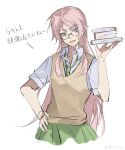  1girl absurdres bang_dream! bang_dream!_it&#039;s_mygo!!!!! book brown_sweater_vest chihaya_anon chinese_commentary commentary_request fang glasses green_necktie green_skirt grey_eyes hand_on_own_hip haneoka_school_uniform highres holding holding_book long_hair necktie open_mouth pink_hair school_uniform shiba257 shirt short_sleeves simple_background skirt solo sweater_vest translation_request white_background white_shirt 