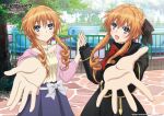  2girls absurdres amusement_park anime_coloring blue_eyes bow bowtie braid collarbone copyright_name crown_braid date_a_live day dress drill_hair fence gekijouban_date_a_live:_mayuri_judgement grass hair_between_eyes highres holding_hands iron_fence jewelry long_hair long_sleeves looking_at_viewer multiple_girls necklace offering_hand official_art open_mouth orange_hair outdoors outstretched_arm reaching reaching_towards_viewer red_bow red_bowtie shirt siblings sidelocks sisters smile stone_floor tree twins v-shaped_eyebrows yamai_kaguya yamai_yuzuru 