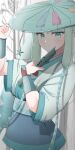  1girl aqua_eyes aqua_hair blush bracelet breasts flute grey_kimono hand_on_headwear hatsune_miku highres holding holding_flute holding_instrument instrument japanese_clothes jewelry kimono long_hair long_sleeves looking_at_viewer medium_breasts official_alternate_costume official_alternate_hairstyle open_mouth poke_flute pokemon project_voltage saato sandogasa solo steel_miku_(project_voltage) very_long_hair vocaloid wide_sleeves 