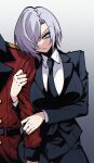  1girl 1other alternate_costume arm_hug black_necktie black_pants blue_eyes breasts coat collared_shirt commander_(girls&#039;_frontline) commission cowboy_shot dress_shirt dryegen girls&#039;_frontline gradient_background hair_over_one_eye highres jacket large_breasts long_hair looking_at_viewer mg5_(girls&#039;_frontline) necktie out_of_frame pants red_coat shirt short_hair suit_jacket very_long_hair white_hair white_shirt 