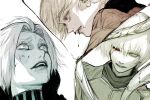  1girl ahoge black_sclera black_shirt blood blood_on_face blood_on_mouth cloak closed_mouth colored_sclera crying crying_with_eyes_open flesh heterochromia highres hood hooded_cloak hooded_robe kagune_(tokyo_ghoul) kaneki_ken looking_at_another lying mado_akira mismatched_sclera monochrome multiple_boys on_back red_eyes robe shaded_face shadow shirt short_hair stfr_(stfr_kaz) takizawa_seidou tears teeth tentacles tokyo_ghoul tokyo_ghoul:re white_background white_hair 