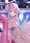  1girl angel_wings arm_support bare_shoulders beach_chair bikini blue_archive blue_bow blurry blurry_background blush bow breasts cleavage closed_mouth collarbone commentary_request cross cup double_bun drinking_glass feathered_wings fingernails flamingo_raft flower frilled_bikini frills glint hair_bun hair_flower hair_ornament hair_ribbon halo heart highres holding holding_cup inflatable_raft large_breasts light_particles long_hair looking_at_viewer low_wings mika_(blue_archive) mochiko_(uyu_omochi) navel night open_mouth outdoors palm_tree parasol pink_hair pink_halo pool purple_flower ribbon sitting smile solo stomach swimsuit thigh_strap thighs tree umbrella water white_bikini white_ribbon white_wings wings yellow_eyes 