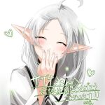  1girl absurdres ahoge blush closed_eyes closed_mouth dress elf ell_ura hand_to_own_mouth heart highres long_hair long_sleeves mushoku_tensei parted_bangs pointy_ears simple_background smile solo sylphiette_(mushoku_tensei) translation_request upper_body white_background white_dress white_hair 