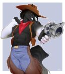 2025 5_fingers abs allatir anthro biped black_body black_fur black_hair black_tail border bottomwear clenched_teeth clothed clothed_anthro clothed_male clothing cowboy_hat digital_media_(artwork) equid equine fingernails fingers front_view fully_clothed fully_clothed_anthro fully_clothed_male fur gun hair handgun hat headgear headwear hi_res holding_gun holding_handgun holding_object holding_ranged_weapon holding_revolver holding_weapon horse looking_at_viewer male mammal nails navel orange_eyes pants ranged_weapon revolver simple_background smile solo standing tail teeth topwear weapon white_border yellow_sclera