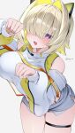  1girl colored_inner_hair cropped_sweater elegg_(nikke) exposed_pocket goddess_of_victory:_nikke grey_shorts hair_intakes hair_over_eyes highres long_bangs micro_shorts multicolored_hair noisy_ma purple_eyes shorts simple_background solo suspender_shorts suspenders sweater white_background 