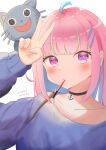  1girl absurdres ahoge anchor_symbol arms_up blue_shirt blush bob_cut choker collarbone colored_inner_hair food food_in_mouth hair_ribbon highres hololive inuyama_tsuki_215 looking_at_viewer minato_aqua multicolored_hair neko_(minato_aqua) pink_hair pocky pocky_in_mouth purple_eyes ribbon shirt short_hair solo streaked_hair two-tone_hair v virtual_youtuber white_background 